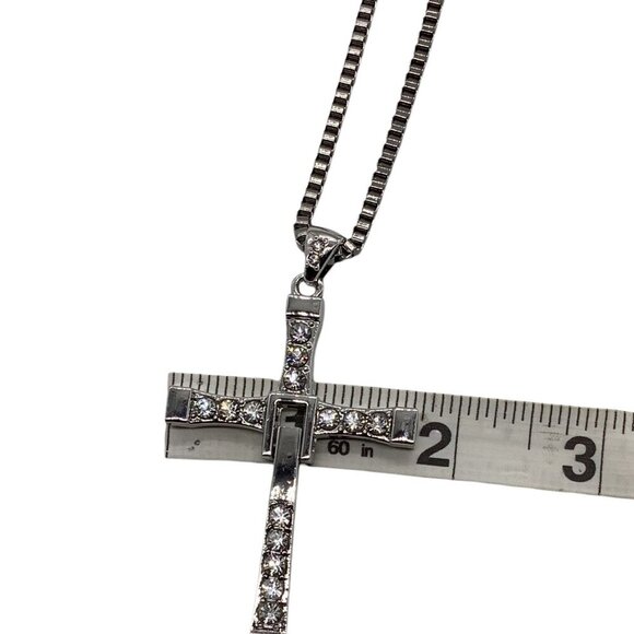 Men’s Rhinestone Cross Pendant Necklace Silver Box Chain - Picture 7 of 16